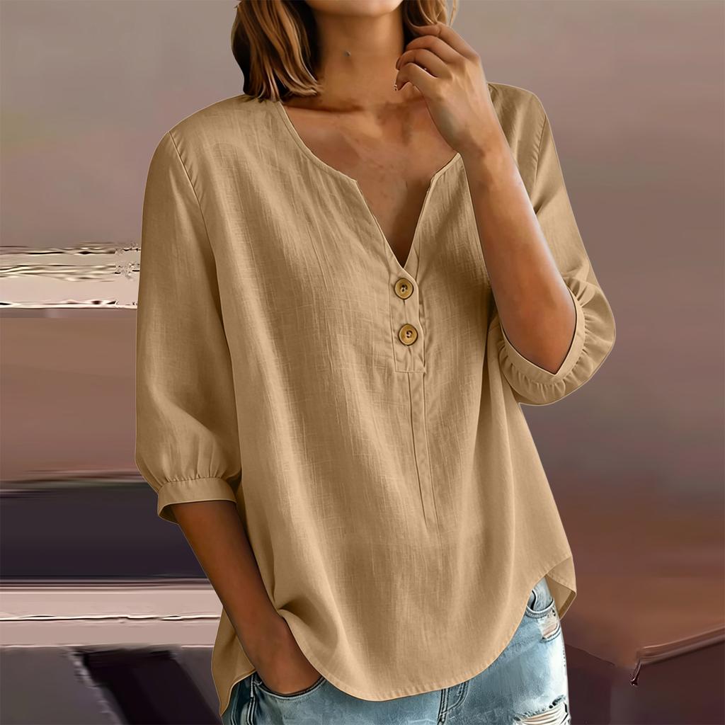 Women's Casual Linen Blend Henley Button Neck Shirt Three Quarter Sleeve Lightweight Loose Fit Top for Everyday Wear