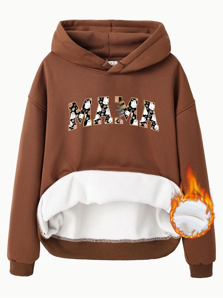 European & American Women's Fleece-Lined Hooded Sweatshirt with Kangaroo Pocket, MAMA Print - Autumn/Winter