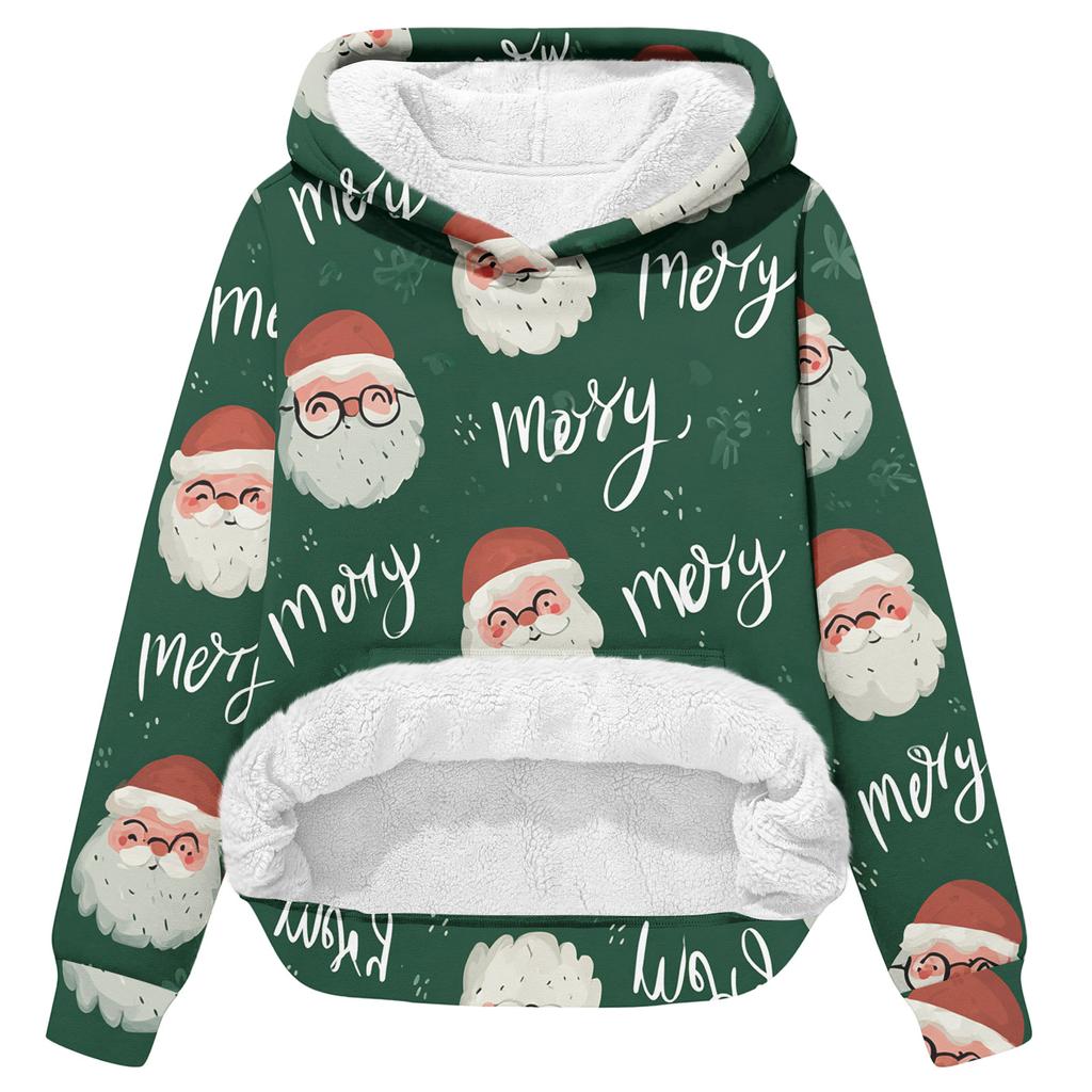 Women's Fashionable Casual Long-Sleeved Christmas Print Fleece-Lined Thick Hooded Sweatshirt