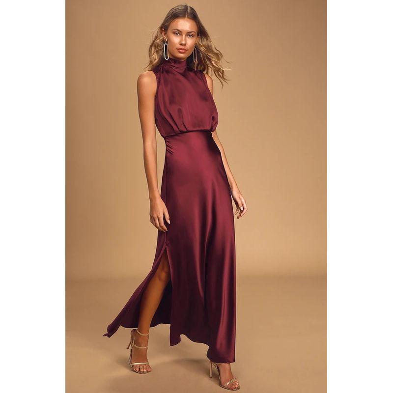 

Spring Slim-Fit Versatile Split Long Skirt Smooth Fabric Burgundy L