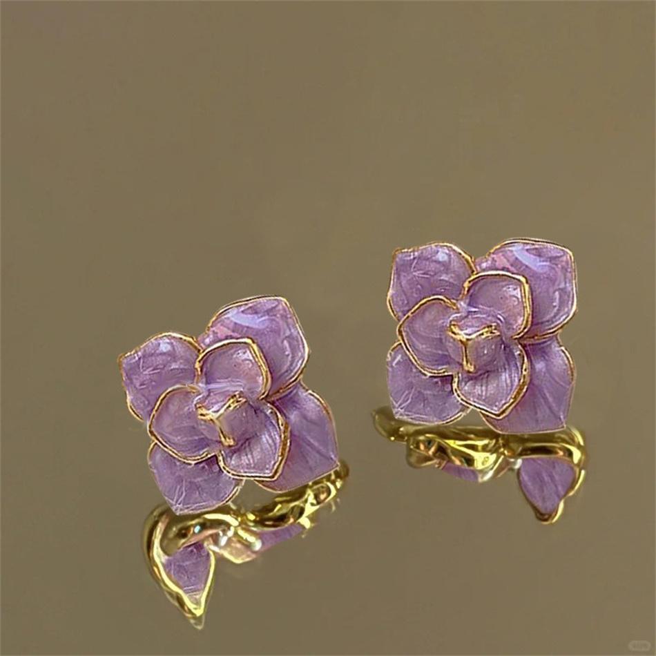 Glaze Purple Color Flower Stud Earring for Women French Retro Elegant Korean Sweet Ear Wedding Party Jewelry Gift