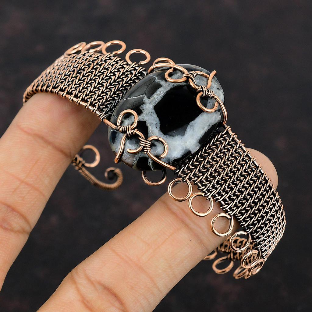 Brățară Bangle Fosilă Crăpătură Argilă Marocană Înfășurată cu Sârmă de Cupru Brățară Manșetă cu Piatră Prețioasă Bijuterii Handmade Brățară Ajustabilă Cadou pentru Mamă