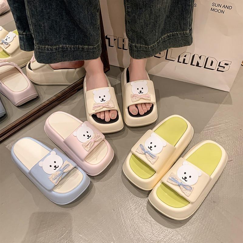 Fashion Milk Cute Bear Thick-bottomed Cool Slippers Women's Summer Small Muffin One-word Drag Outside Wearing Cartoon V Slippers