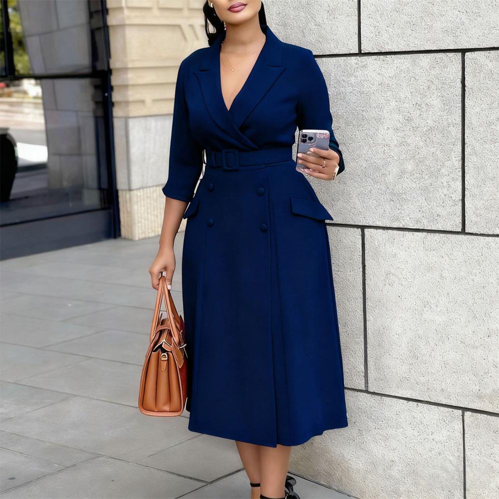 

Elegant Long Dresses Fashion Notched Collar Belt Waist Straight Mid Calf Party Plus Size Dress 2026 XXXL синій