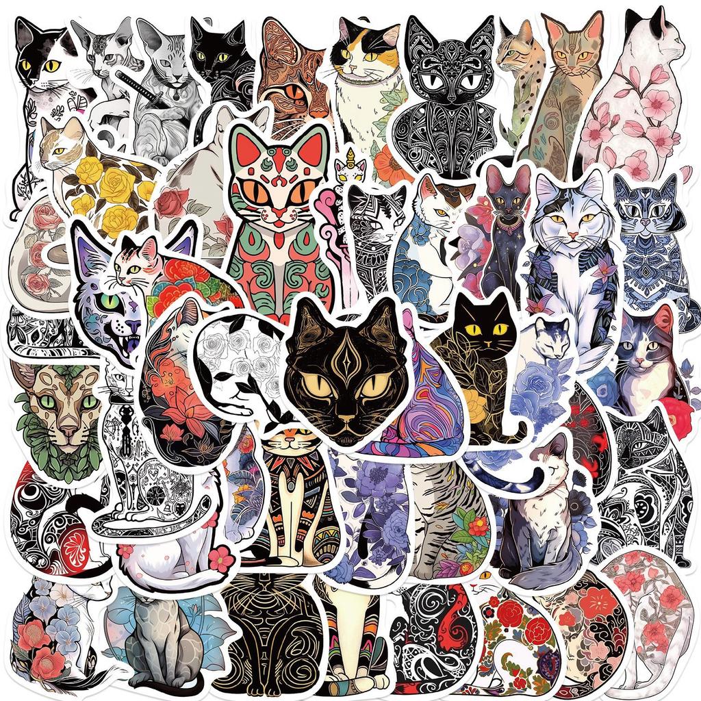 50 Cartoon Tattoo Cat Doodle Stickers Guitar Notebook Suitcase DIY Waterproof Stickers