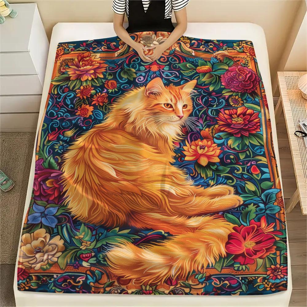 1Pc Boho Floral Cat Print Flannel Blanket, High Quality Comfortable for All Seasons, Home Decor, Warmth and Comfort, Perfect for Christmas Gifts