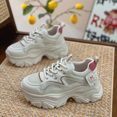 Chaussures de sport pour femmes en cuir, nouvelles chaussures de printemps et d'automne, petites chaussures pour hommes à semelles épaisses et rehaussées, chaussures de sport de rue frites respirantes et décontractées en maille