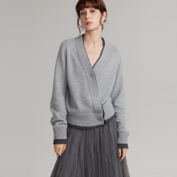 ELLE French Style Elegant Gray Cardigan V-Neck Long Sleeve Solid Color Sweater Women sweater Light-Gray EM49900