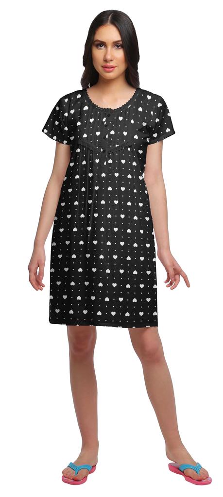 Moomaya Cotton Lace Neckline Sleepwear For Women Button Placket Nightdress