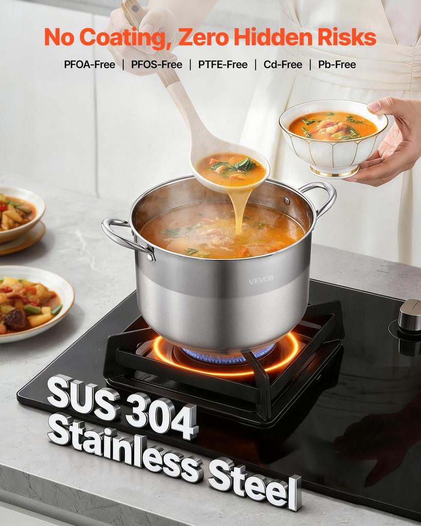 Stainless Steel Stock Pot, 11.4 L Stainless Steel Stockpot with Glass Lid, PFOA-Free, PFAS-Free, Compatible with Gas Stoves, Induction Cooktops,