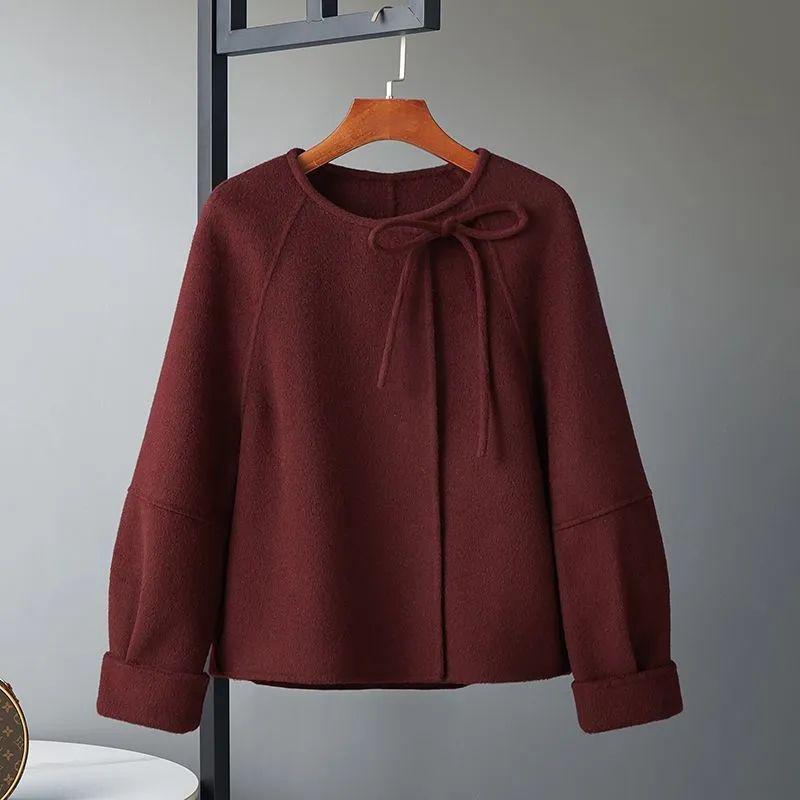 2026 Autumn/Winter Hepburn-Style Women’s Short Wool Coat: Double-Sided, Solid Color, Versatile, Small & Petite Fit 2XL 129-140 lbs вино красного