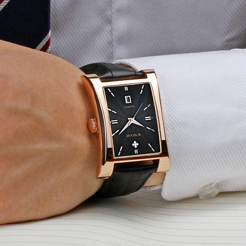 WWOOR Classic Fashion Mens Rectangle Watches Male Gold Brown Leather Quartz Waterproof Wrist Watch