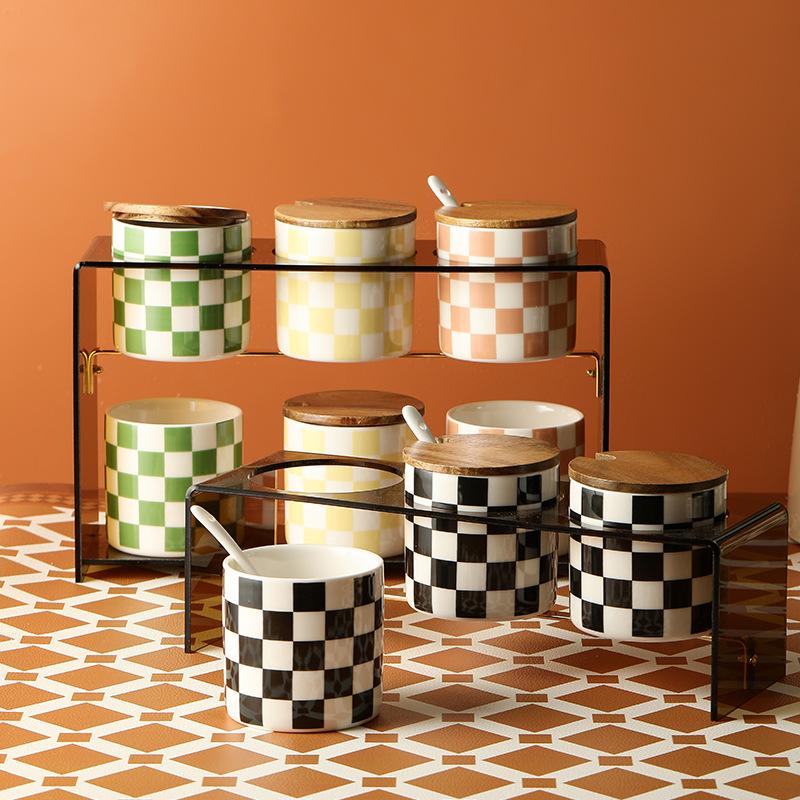 Home Ceramic Checkerboard Seasoning Jar Set Acrylic Storage Rack Seasoning Jar Combination Light Luxury Seasoning Box with Cover