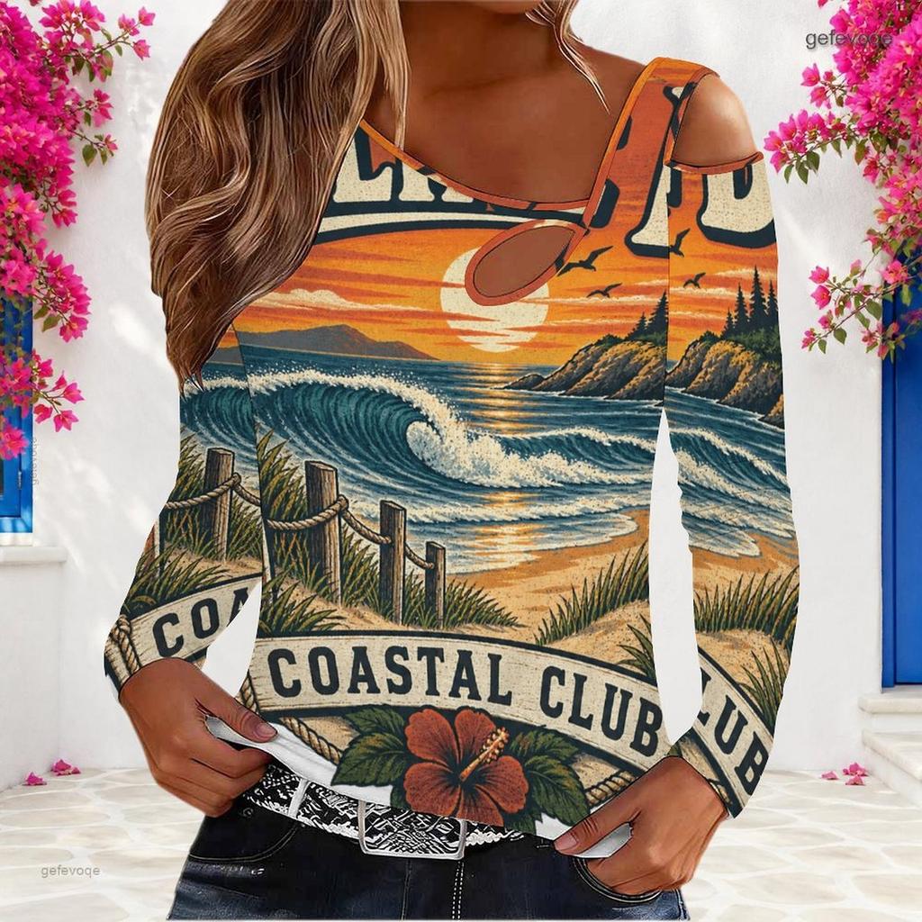 Women Plus Size Asymmetric Cutout Neck Cold Shoulder Fitted Long Sleeve Beach Printed Top