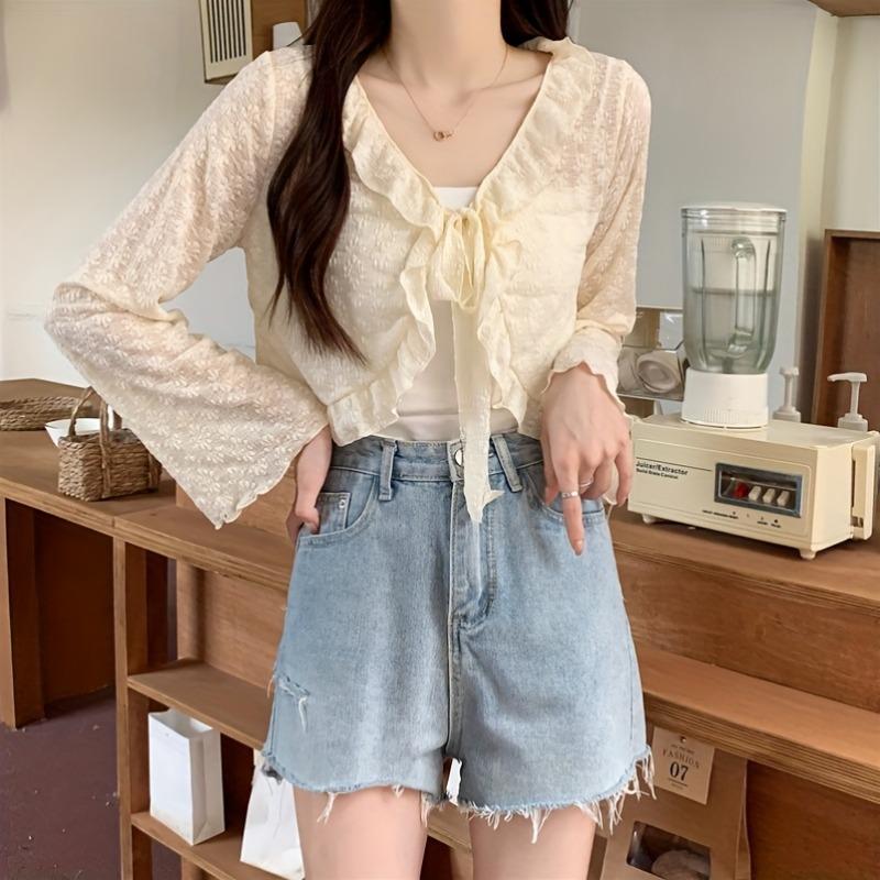 Elegante e Carino Cardigan Sottile con Laccetti e Pizzo, Top Sottile Traspirante con Maniche Lunghe in Chiffon e Volant per Donna, Mantellina Estiva