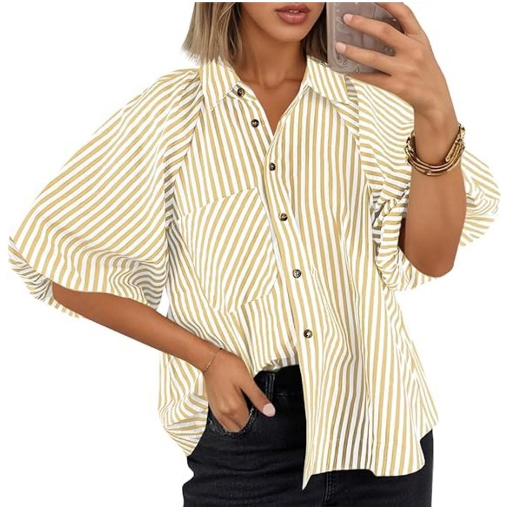 Women's Striped Fashionable Casual Loose Shirt With A Lapel Pocket Top