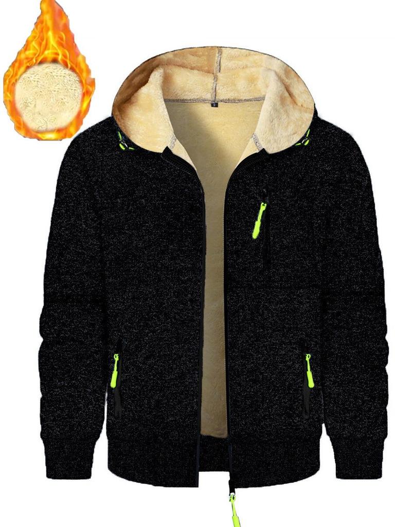 Herbst Neue Herren Freizeit Fleecegefüttert Kapuzen-Reißverschlussjacke Einfarbig Warm Sportbekleidung Herrenmode Oberbekleidung