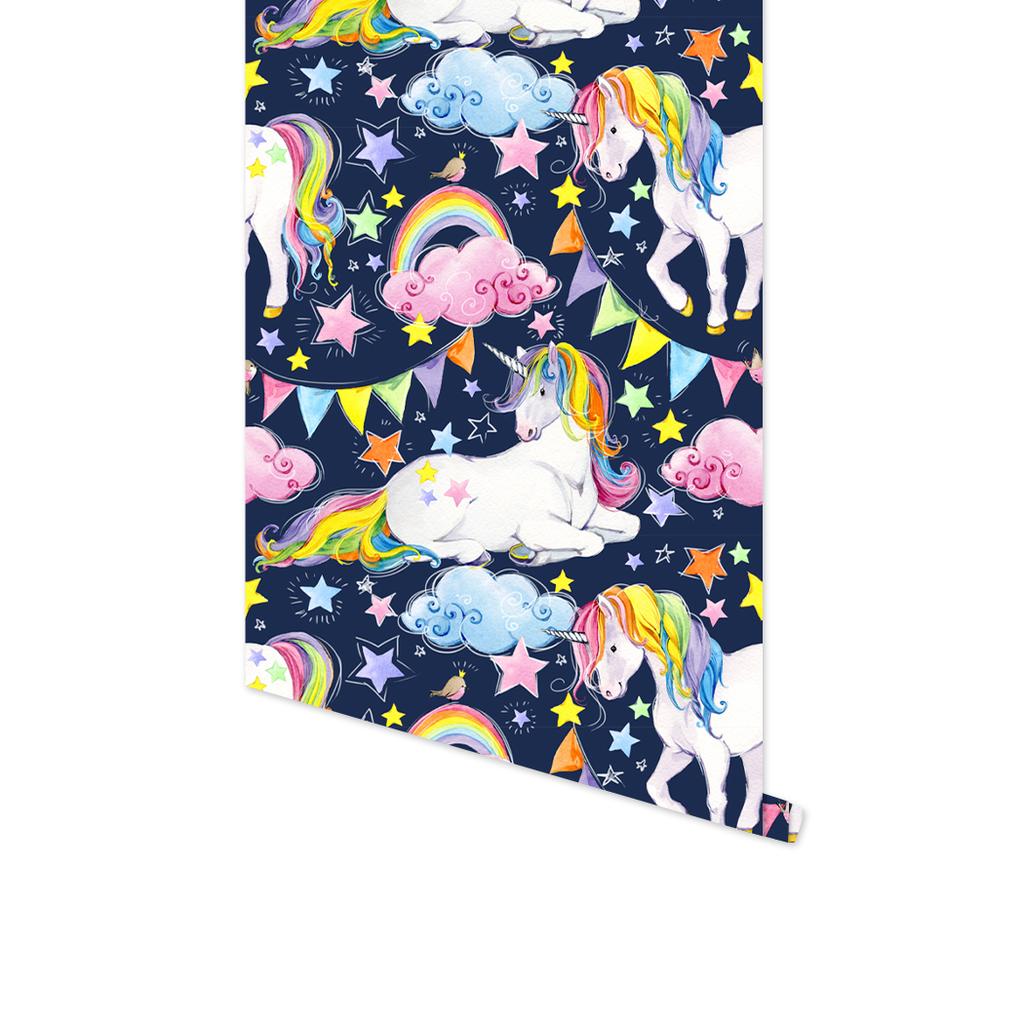 Cute Unicorn Rainbow Peel And Stick Cartoon Wallpaper Self-Adhesive Pink/Grey Wall Stickers for Kidroom Easy To Paste Home Decor