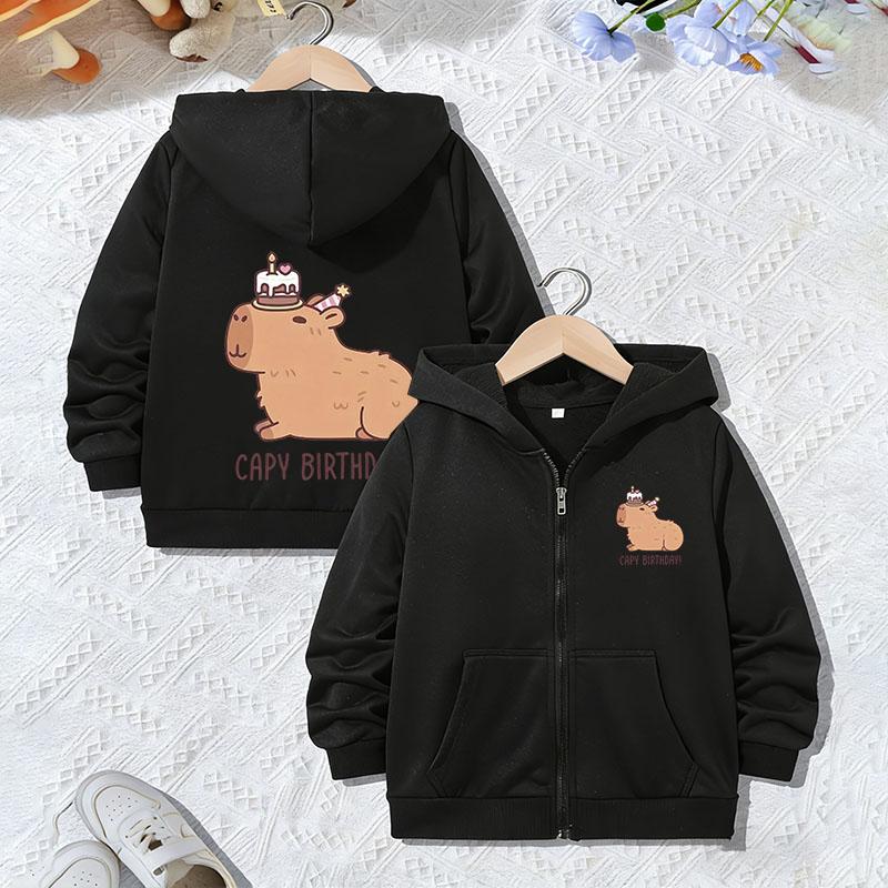 Funny Trendy Hoodie Capybara Birthday Jacket for Boys Girls Zipper Spring and Autumn Animal Cartoon Sweatshirts Zip Up