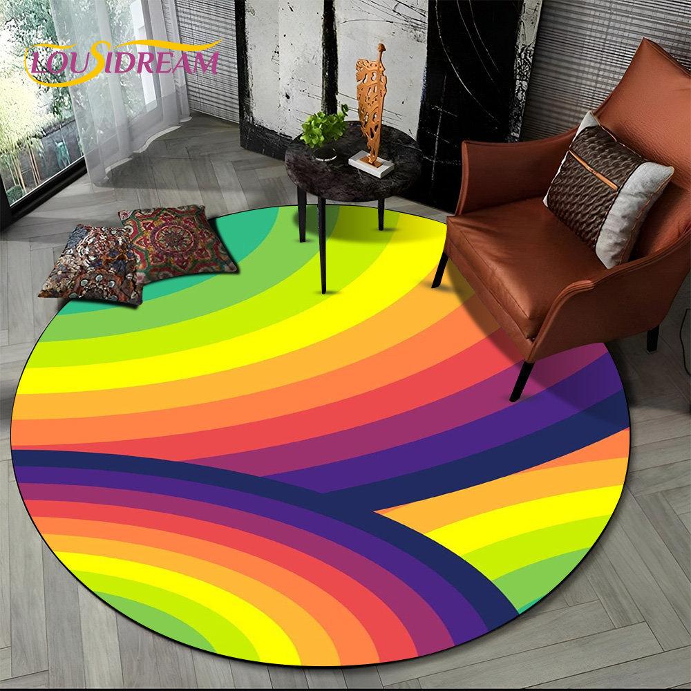 Runder Teppich mit chromatischer Farbtäuschung in Regenbogenfarben, Teppich für Wohnzimmer, Schlafzimmer, Sofa, Spielzimmer, Dekoration, rutschfeste Bodenmatte für Kinder