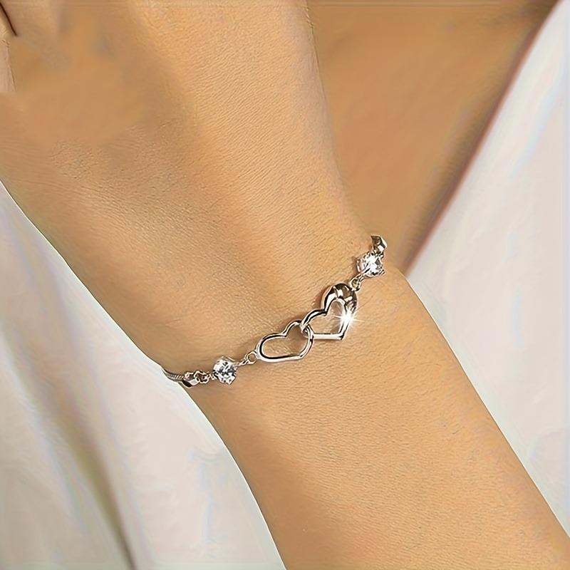 1-piece Copper Color Hollowed Out Double Heart-shaped Women s Bracelet, Sparkling with Zircon Inlay, Daily Party Zircon Gift