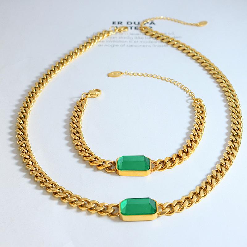 Exaggerated Thick Chain Cuban Chain Metal Hip Hop Men's and Women's Glass Stone Personalized Necklace Bracelet Jewelry Set