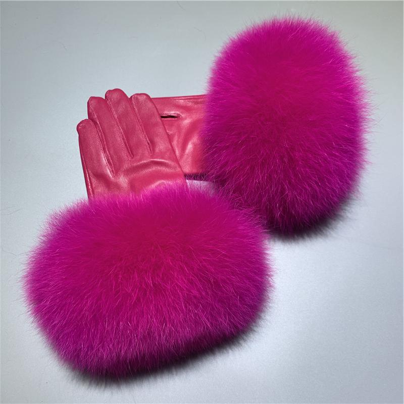 Jxwatcher Winter Women Warm Genuine Sheepskin Gloves Luxury Fur Trim Full Finger Fashion Leather Gloves