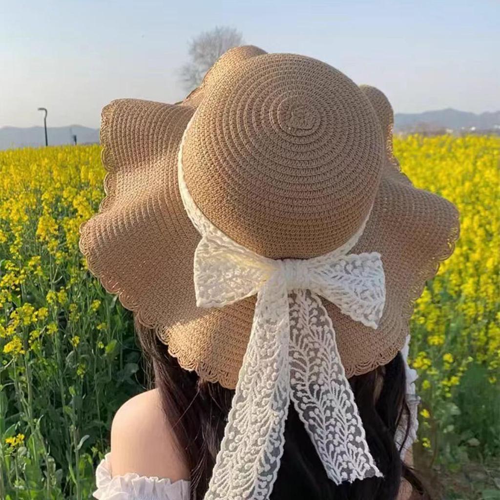 Korean Style Women's Wide Brim Straw Hat - Summer Seaside Bow Sun Protection