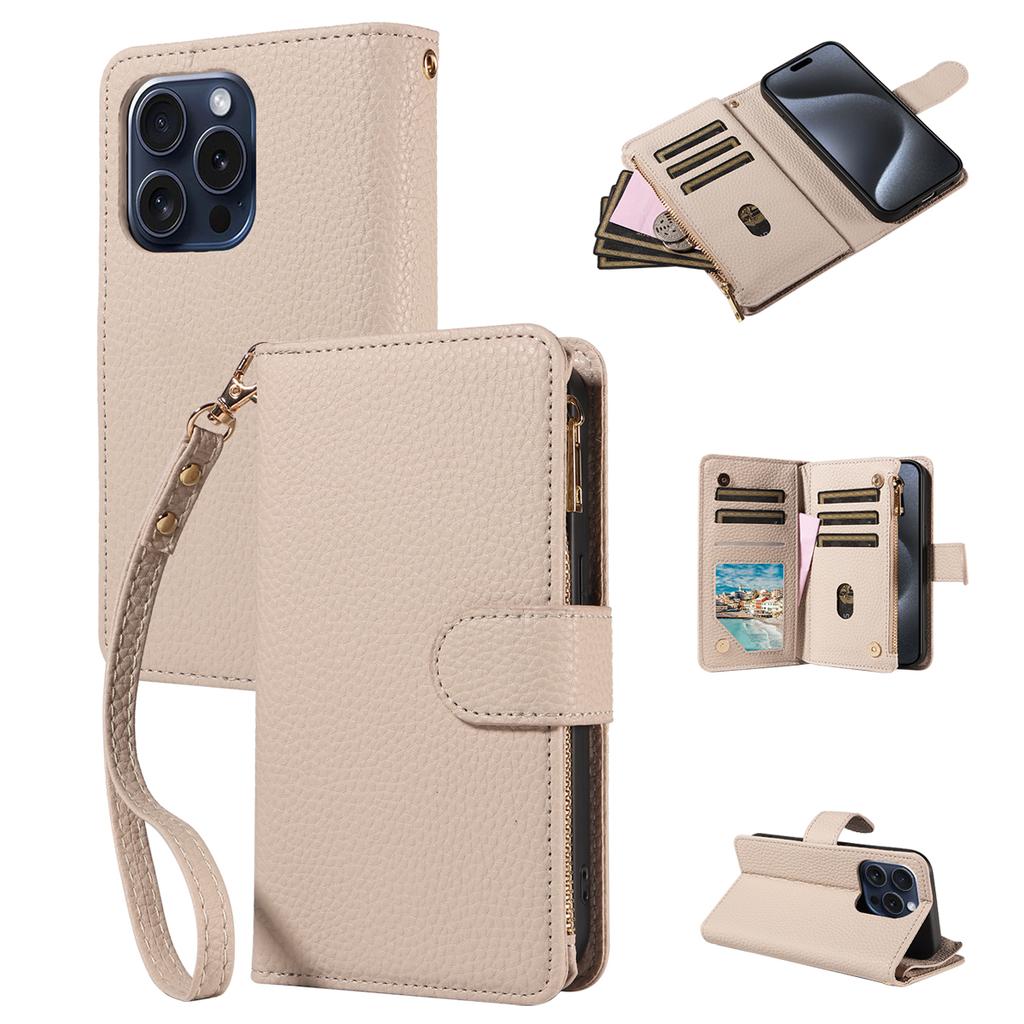 Artificial Leather Zipper Lychee Pattern Phone Case for Iphone16 15 14 Pro Max Plus 13 1211Pro Mini 7 8 XS Clamshell Wallet Case
