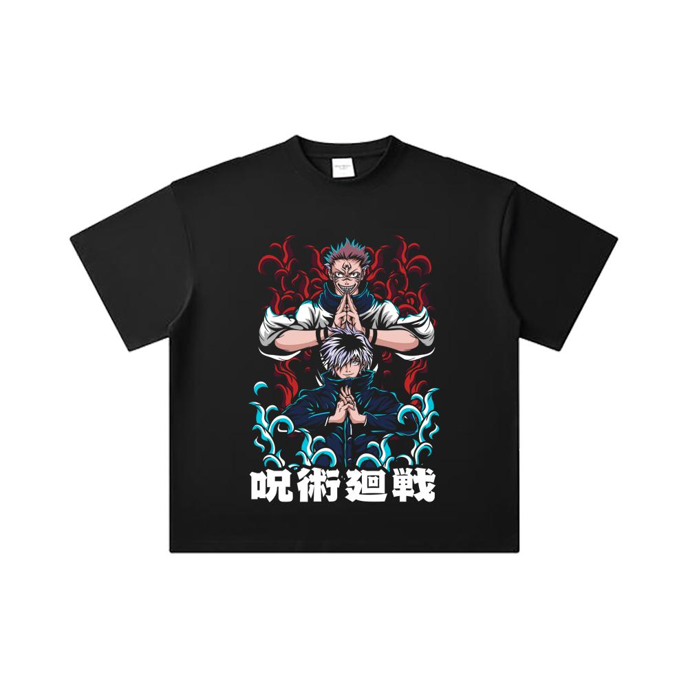 260 GSM Double Yarn 32 Count 100% Cotton Jujutsu Kaisen V49 Gojo Sukuna Print Unisex Heavy Cotton T Shirt