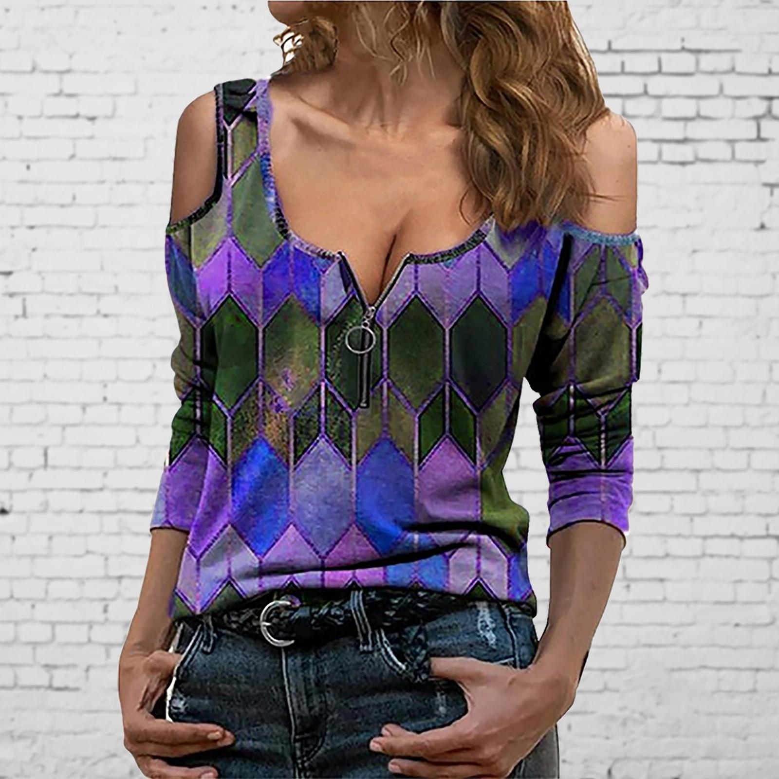 

Мода женщин отворот геометрический принт молния с длинным рукавом повседневная блузка футболка топ M фиолетовый