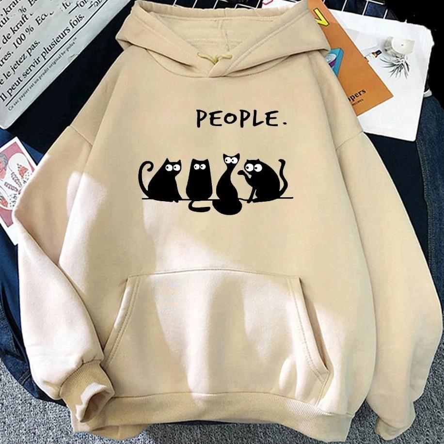 2025 Fall & Winter Womens Hoodie People Alphabet Cat & Dog Fun Print Fall & Winter New Top Harajuku Black Cat Pattern Clothing