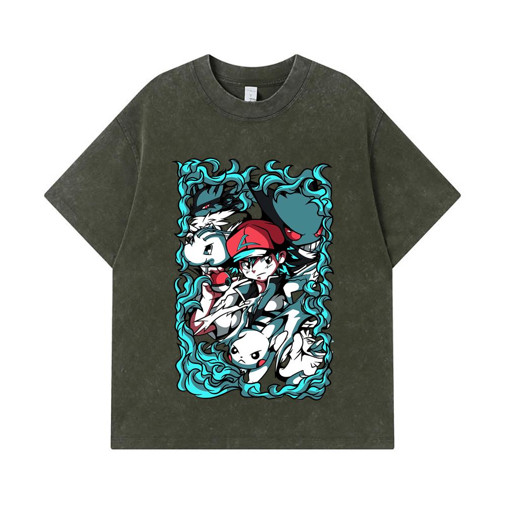 275 GSM Washed T-shirts 100% Cotton Pokemon V26 Print Unisex Heavy Cotton T Shirt