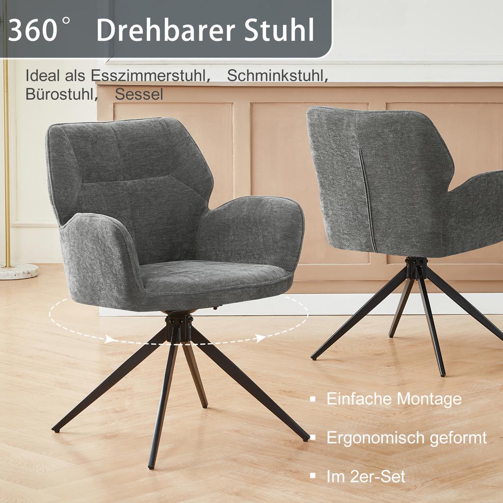 Swivel Dining Chair (Set of 2) Armchair with Metal Legs, Leisure Chair, Velvet-like Fabric, Dark Gray