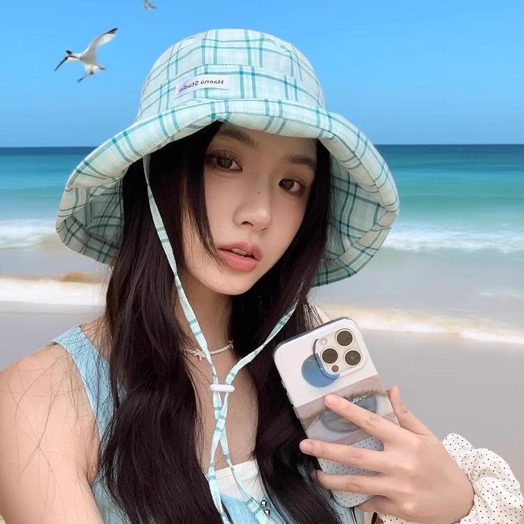 Plaid Bucket Hat Women's Summer Outdoor Sun Hat Sun Protection UV Protection Hat Showing Washbasin Hat
