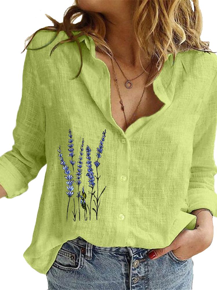 Women Fashion Long Sleeve Shirt Loose Cotton Linen Top Ladies Casual Print Blouses