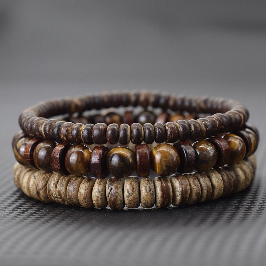 3Pcs Coconut Husk Wooden Bracelet Homme Turquoises Lava Tiger Eyes Strand Braclet Meditation Healing Braslet Accessories Hombre