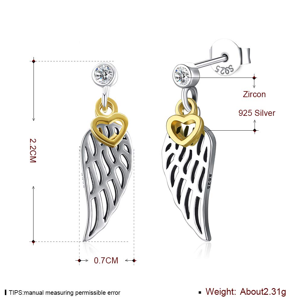 Rockyu Brand Fashion Earrings Simple Silver 925 Stand Earrings Winged Angel CZ Zirconia Gold Heart Shape Dangling Earrings Stylish Hawaiian Jewelry