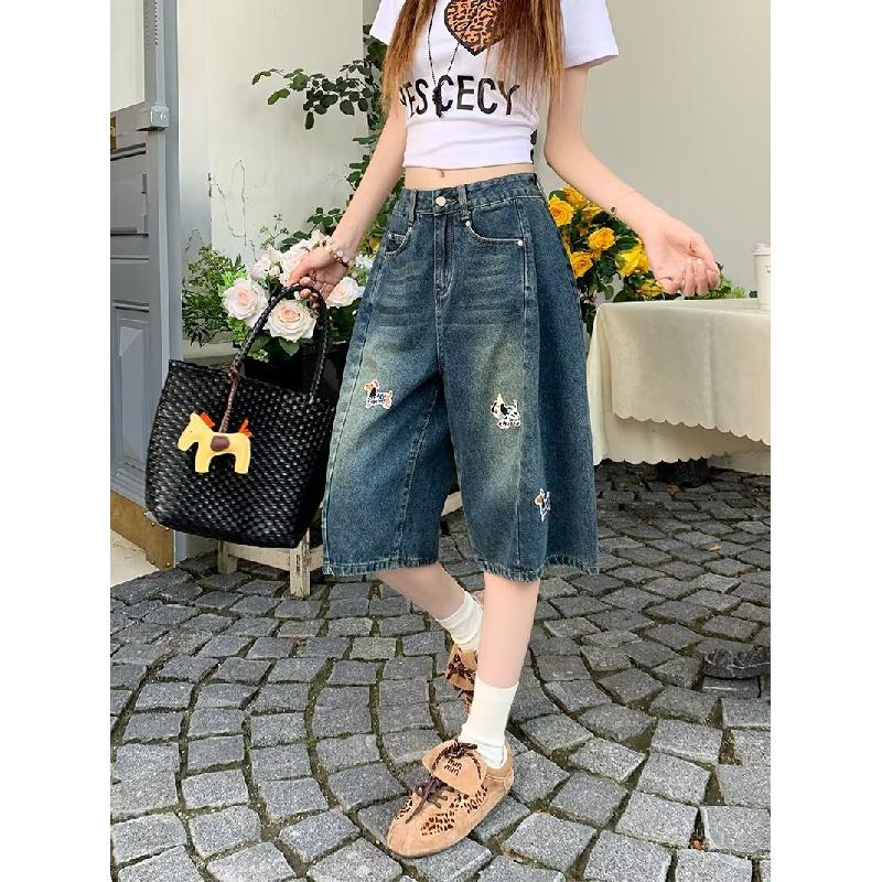 Stylish Embroidered Women's Denim Shorts 2026 Summer Loose Wide-Leg Straight Pants