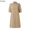 ZANZEA Vestito camicia a maniche corte con colletto rovesciato casual da donna, tinta unita