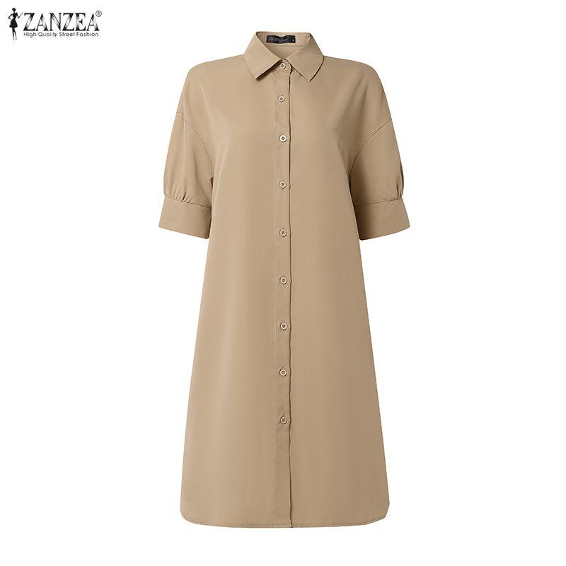 ZANZEA Vestito camicia a maniche corte con colletto rovesciato casual da donna, tinta unita