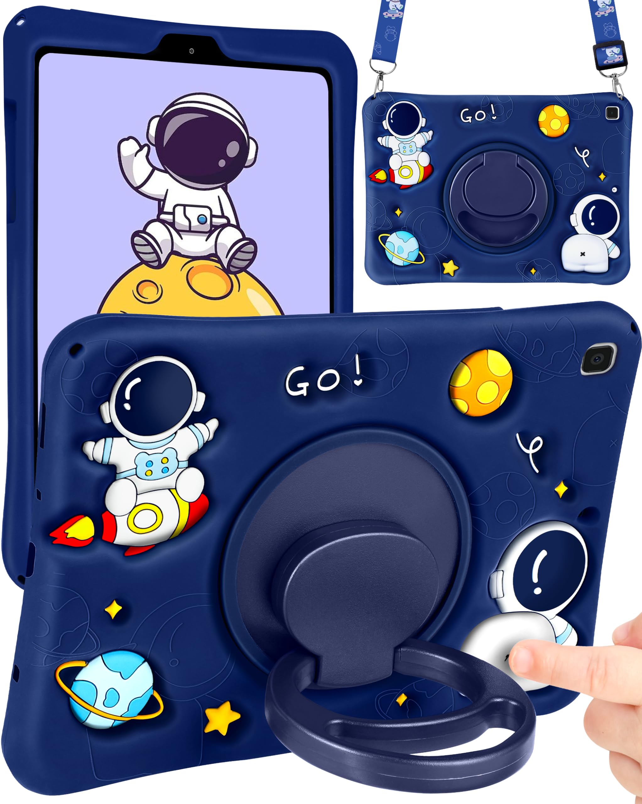 Voor Galaxy Tab A7 Lite 8,7-inch schattig 3D-tekenfilm astronautenmodel met roterende standaard en siliconen sleutelkoord beschermhoes blauw blauw
