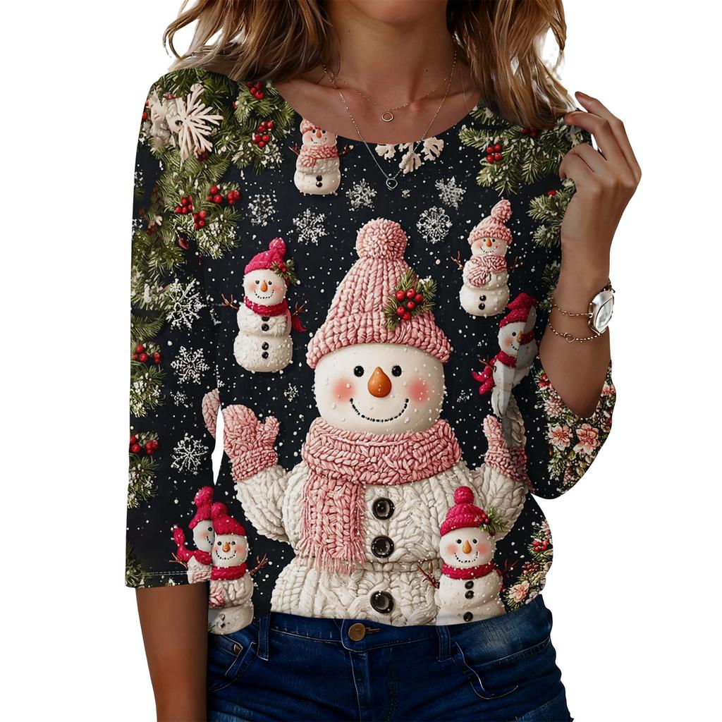 Women's Casual Christmas Print Three-Quarter Sleeve Neck Top