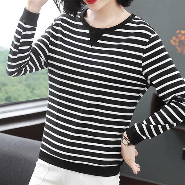 Damen Herbst Winter Langarm Übergröße Gestreifte Pullover Weiblich Frühling Locker Baumwolle Rundhals Lässige Oberteile