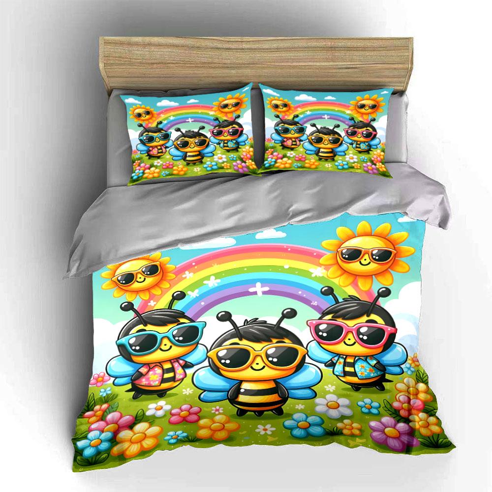 "Cheerful bees with rainbows" Bedding sets Duvet covers Pillowcases(1* Duvet Cover 2* Pillowcases without duvet insert)