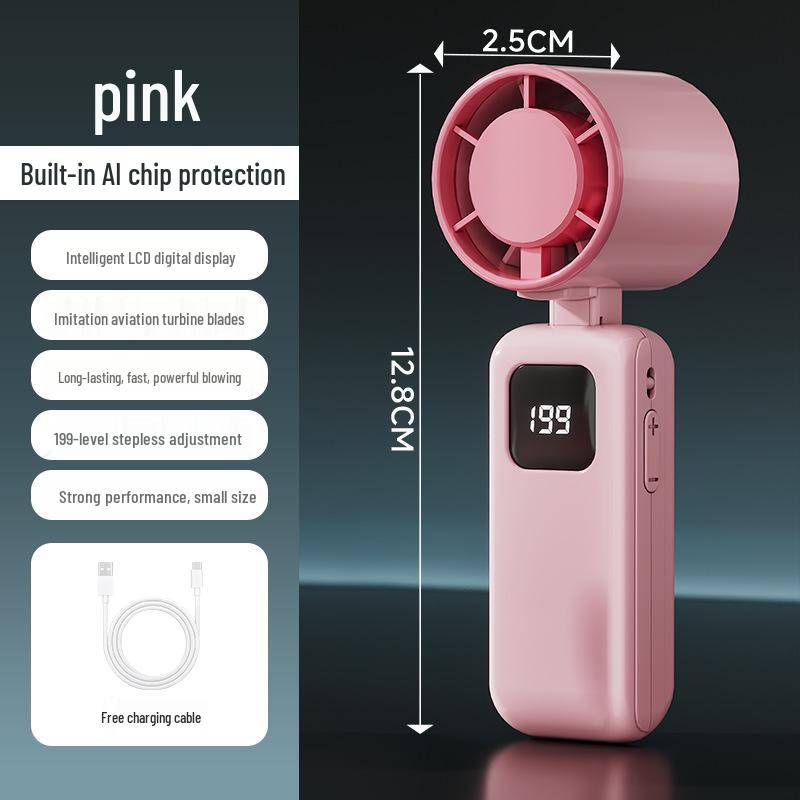 2026 High-Speed USB Rechargeable Mini Handheld Foldable Fan with Digital Display and Lanyard