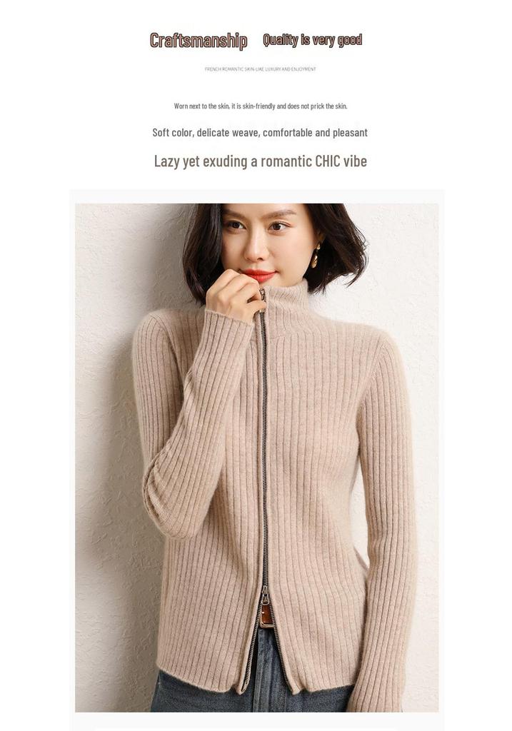 Women's Korean Style Cashmere Stand Collar Zipper Cardigan - Striped Slimming Knitwear for Autumn Winter