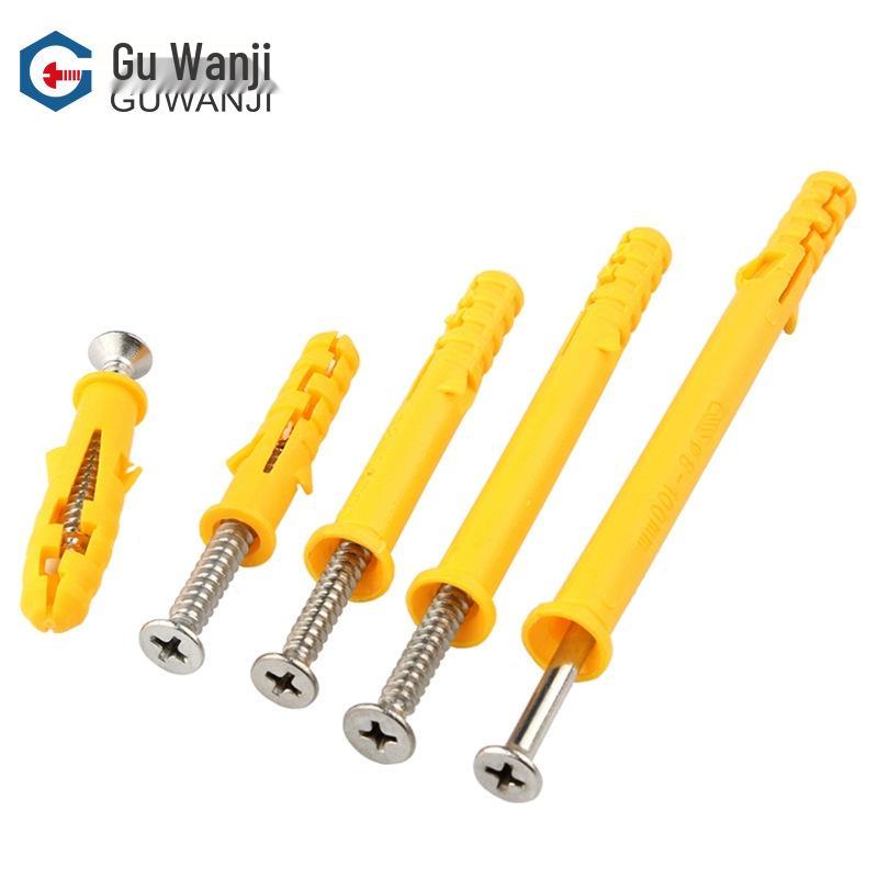 Yellow Fish Plastic Expansion Tube/Screw Set (6/8/10) - Includes Anchors, Self-tapping Screws, and Rubber Plugs.