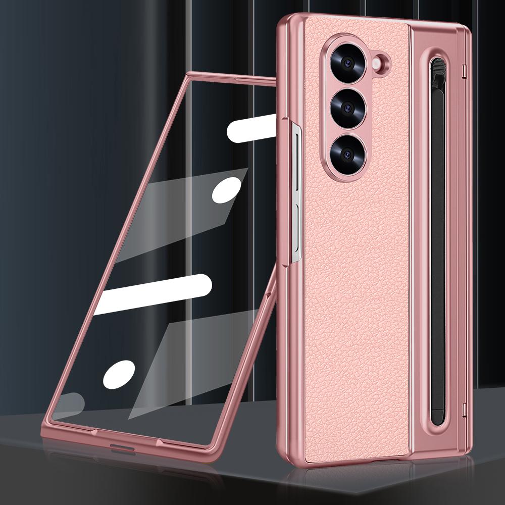Electroplated Hinge Phone Case For Samsung Galaxy Z Fold 6 5 4 5G Fold6 Screen Glass Stylus All Inclusive Pen Slot Holder Cover