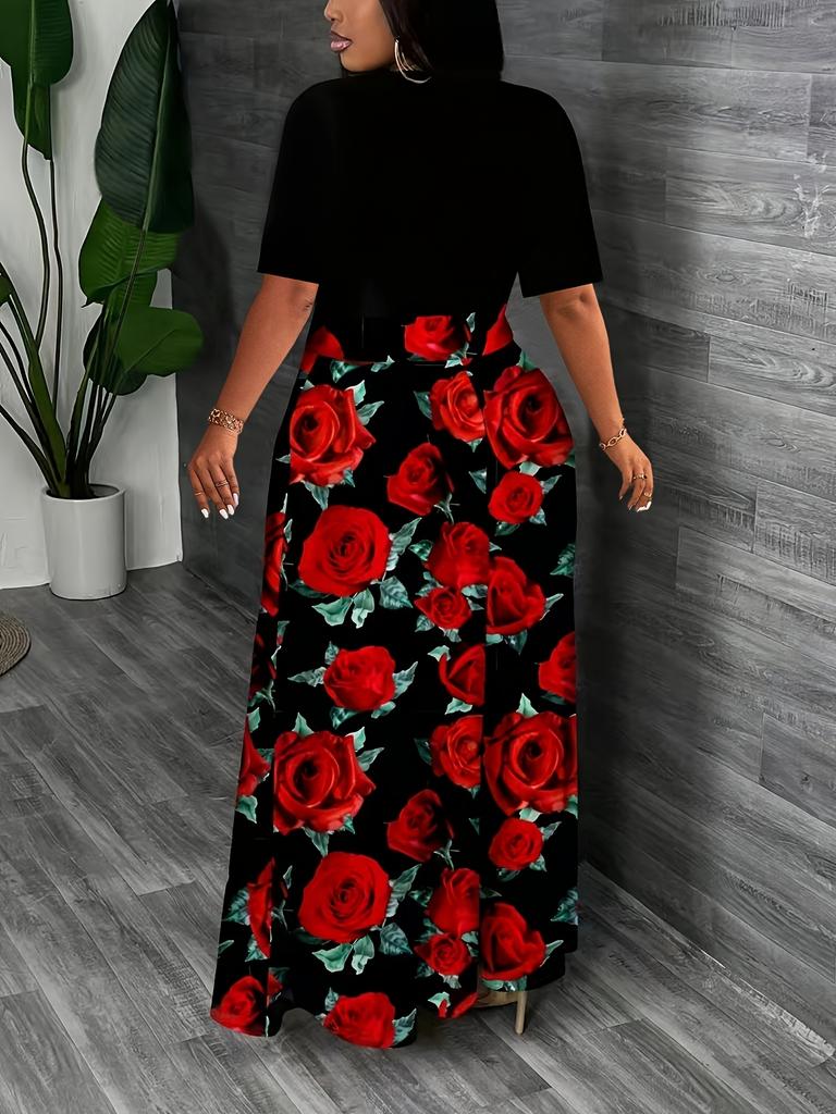 Elegante abito lungo floreale alla moda con scollo rotondo, maniche corte e contrasto